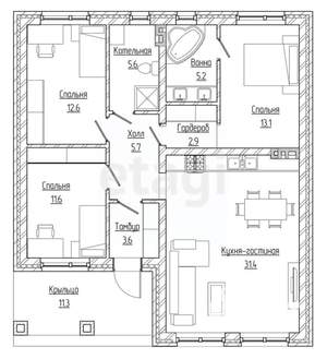 Дом 103м&sup2;, 1-этажный, участок 5 сот.  