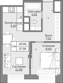 2-к квартира, вторичка, 38м2, 12/19 этаж