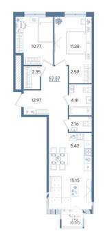 2-к квартира, строящийся дом, 68м2, 2/13 этаж