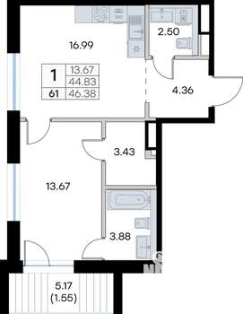 1-к квартира, вторичка, 46м2, 3/8 этаж