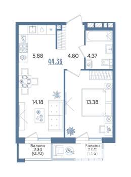 1-к квартира, строящийся дом, 44м2, 2/13 этаж