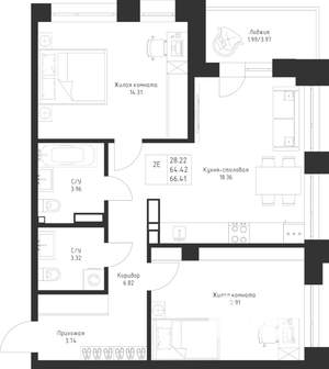 2-к квартира, вторичка, 66м2, 3/23 этаж