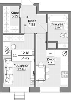 1-к квартира, вторичка, 34м2, 8/24 этаж