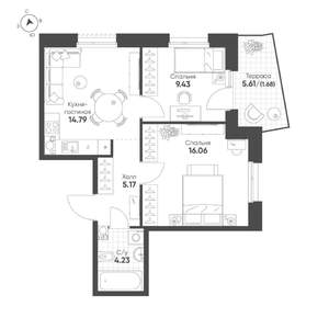 2-к квартира, строящийся дом, 51м2, 17/19 этаж