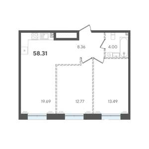 2-к квартира, строящийся дом, 58м2, 4/5 этаж