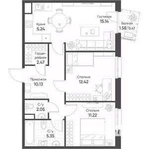 3-к квартира, строящийся дом, 65м2, 13/17 этаж