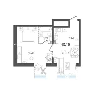1-к квартира, строящийся дом, 45м2, 3/5 этаж