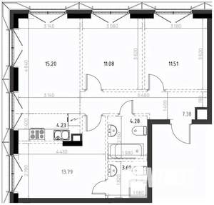 3-к квартира, вторичка, 71м2, 4/15 этаж