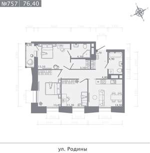 3-к квартира, строящийся дом, 76м2, 10/23 этаж