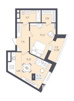 2-к квартира, вторичка, 54м2, 3/22 этаж