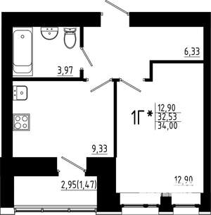 1-к квартира, строящийся дом, 34м2, 7/23 этаж