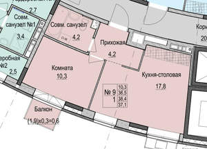 1-к квартира, строящийся дом, 37м2, 3/14 этаж