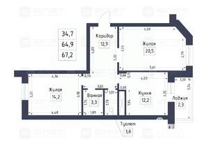 2-к квартира, вторичка, 67м2, 2/12 этаж