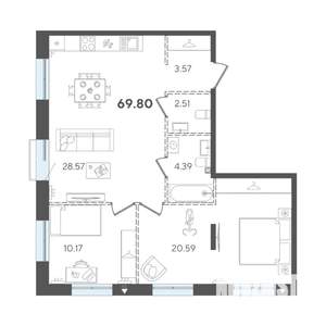 2-к квартира, строящийся дом, 70м2, 2/5 этаж