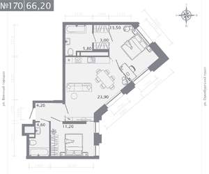 2-к квартира, строящийся дом, 66м2, 21/25 этаж