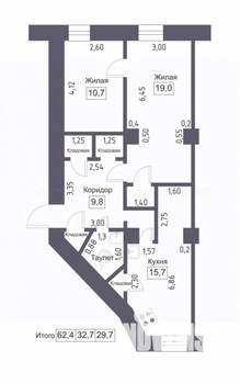 2-к квартира, вторичка, 62м2, 2/2 этаж