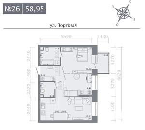 2-к квартира, строящийся дом, 59м2, 4/9 этаж