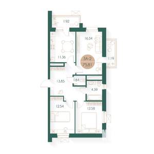 3-к квартира, строящийся дом, 75м2, 2/17 этаж