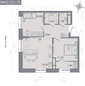 2-к квартира, строящийся дом, 56м2, 3/23 этаж