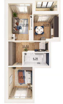 2-к квартира, вторичка, 64м2, 3/17 этаж