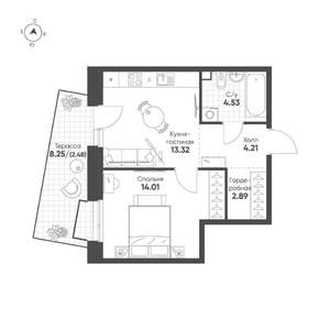 1-к квартира, строящийся дом, 41м2, 2/19 этаж