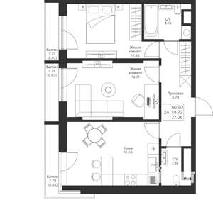2-к квартира, вторичка, 61м2, 9/25 этаж