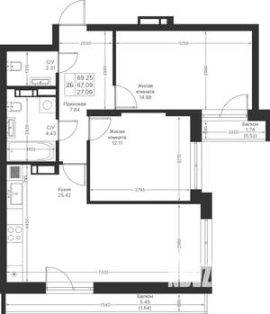 2-к квартира, вторичка, 69м2, 10/25 этаж