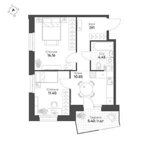2-к квартира, строящийся дом, 52м2, 14/19 этаж