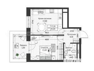 1-к квартира, строящийся дом, 46м2, 1/4 этаж