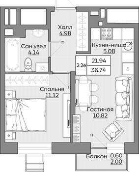 2-к квартира, вторичка, 37м2, 4/24 этаж