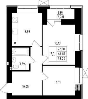 2-к квартира, сданный дом, 48м2, 1/15 этаж