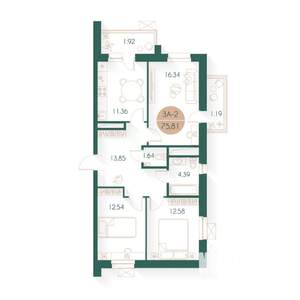 3-к квартира, строящийся дом, 75м2, 7/17 этаж