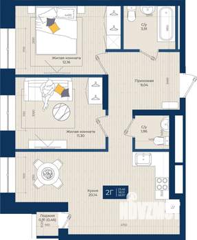 2-к квартира, вторичка, 59м2, 3/20 этаж