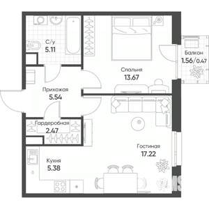 2-к квартира, строящийся дом, 50м2, 16/18 этаж