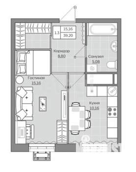 1-к квартира, вторичка, 39м2, 13/24 этаж