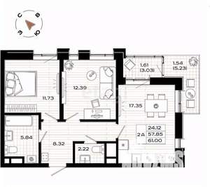 2-к квартира, вторичка, 61м2, 1/8 этаж