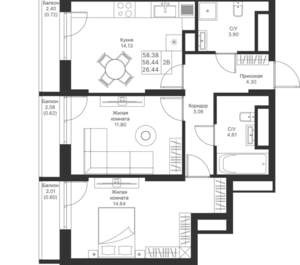 2-к квартира, вторичка, 58м2, 19/25 этаж