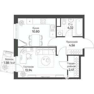 1-к квартира, строящийся дом, 37м2, 6/17 этаж