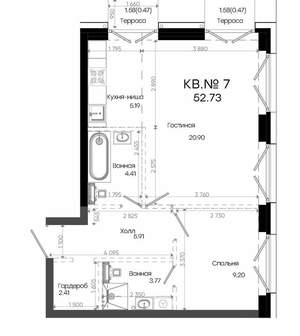 2-к квартира, строящийся дом, 53м2, 3/7 этаж