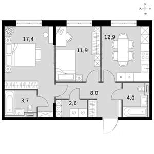 2-к квартира, вторичка, 61м2, 4/19 этаж