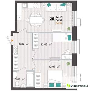 2-к квартира, вторичка, 54м2, 6/9 этаж