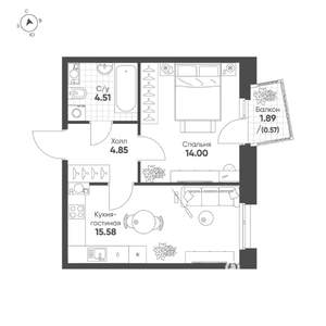 1-к квартира, строящийся дом, 40м2, 3/19 этаж