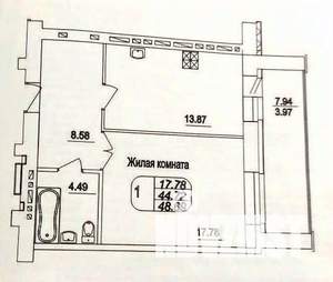1-к квартира, вторичка, 49м2, 6/10 этаж
