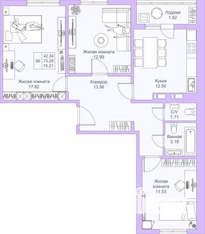 3-к квартира, вторичка, 75м2, 9/19 этаж