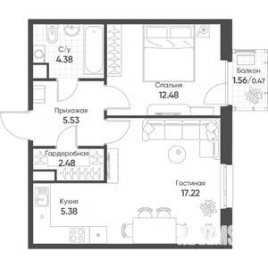 2-к квартира, строящийся дом, 48м2, 5/18 этаж