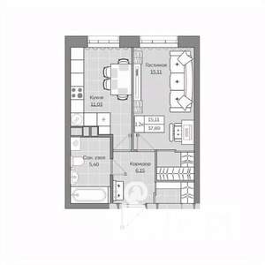 1-к квартира, вторичка, 38м2, 4/19 этаж
