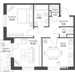 2-к квартира, вторичка, 56м2, 13/18 этаж