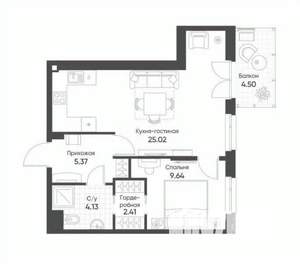 1-к квартира, сданный дом, 47м2, 4/18 этаж