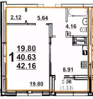 1-к квартира, вторичка, 42м2, 18/19 этаж