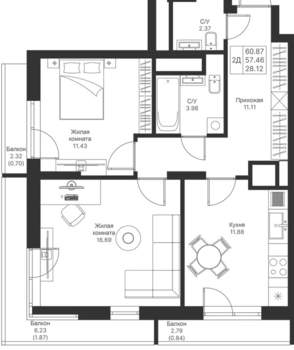 2-к квартира, вторичка, 61м2, 17/24 этаж